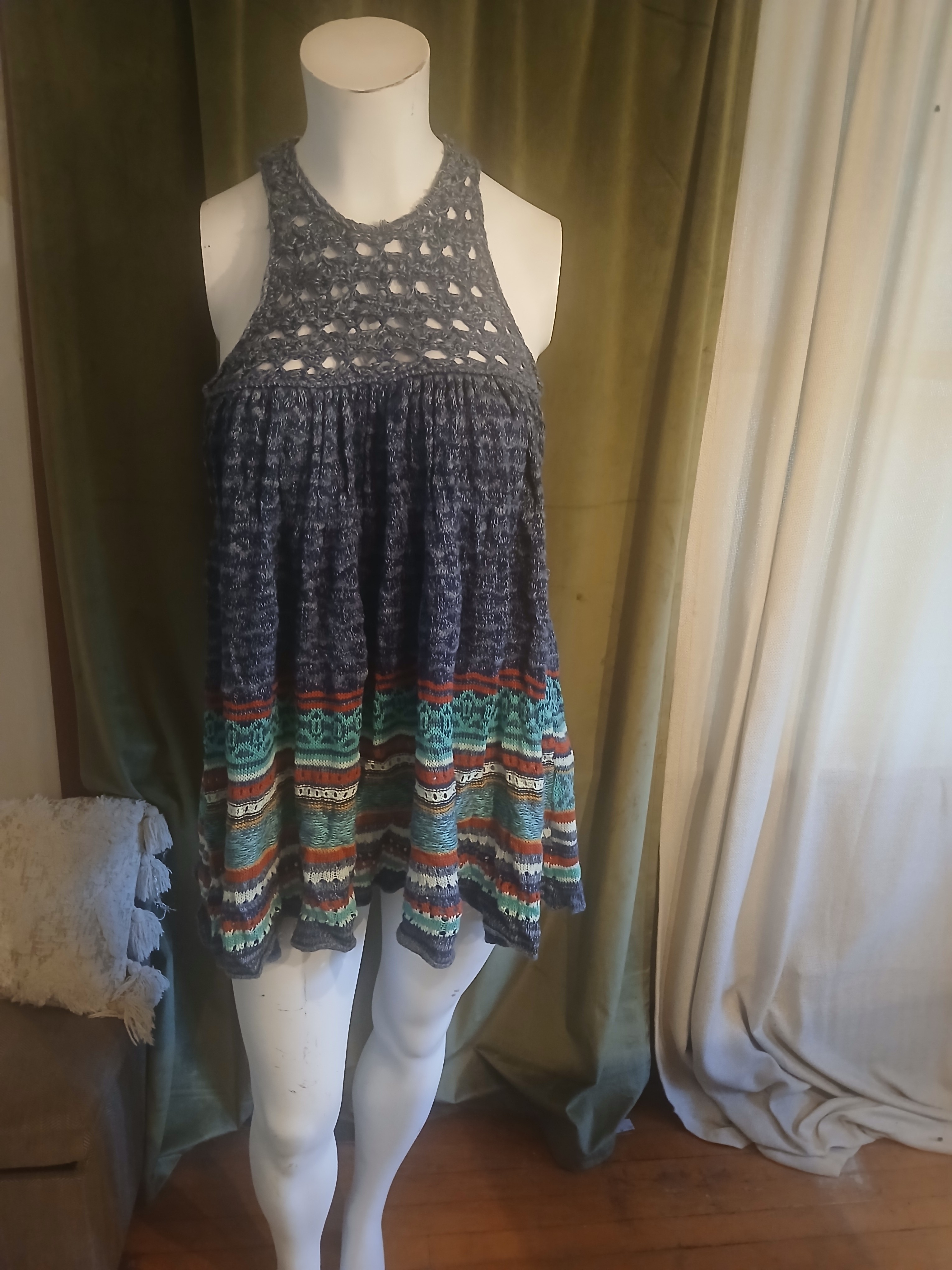 Free People Charcoal Gray Crochet Yoke Striped Knit Dress